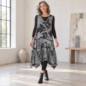 Carine Valerie Dress Women XS Black White Flowing Pearls Lagenlook NWT